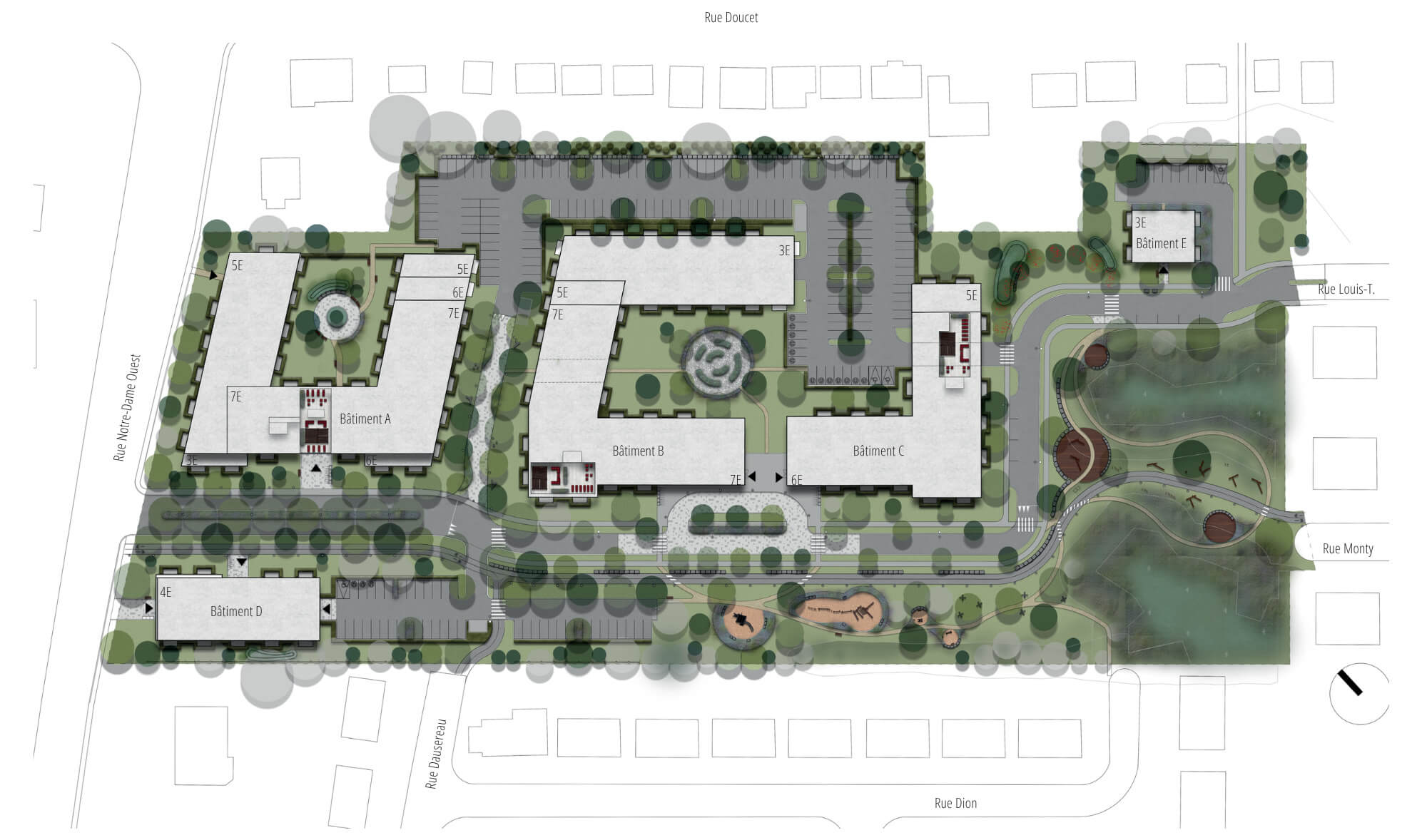 Plan d'aménagement du projet Chavigny, vue du ciel, avec le découpage des phases